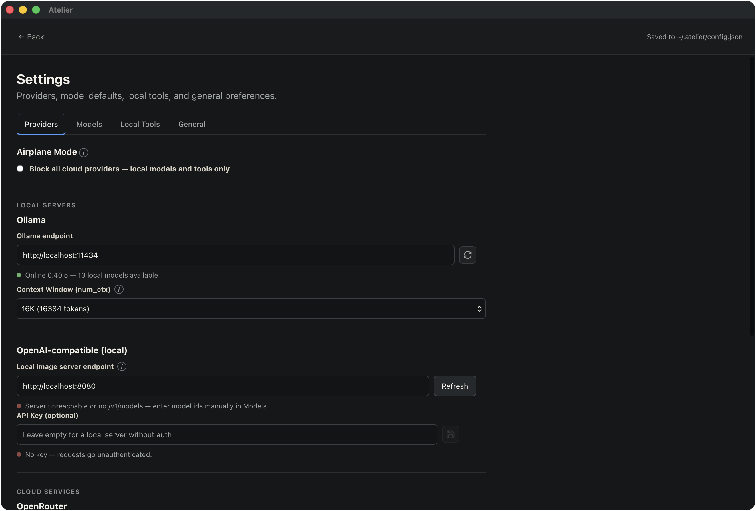 Atelier Settings with the Providers tab selected, showing Airplane mode and local server configuration.